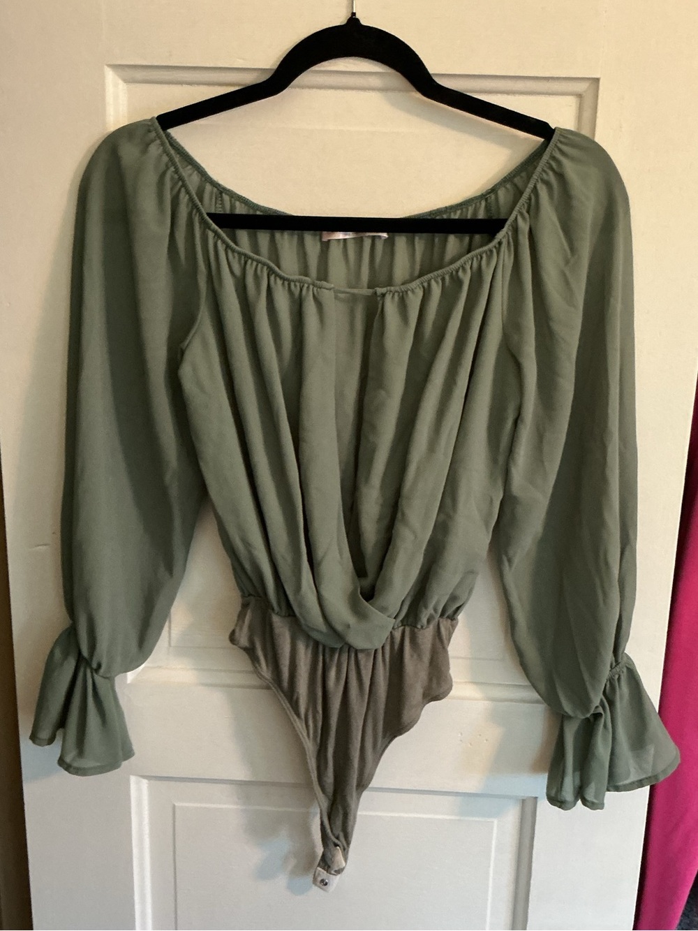 Blue Blush Sage Green Draped Bell Sleeve Bodysuit
